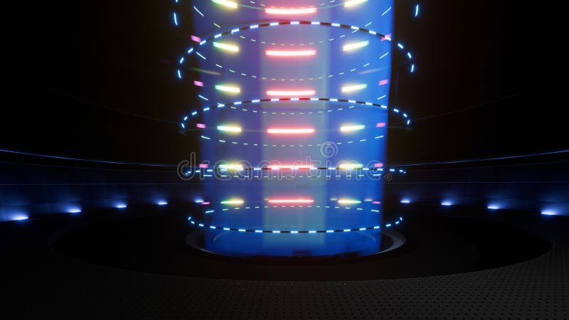 3D rendering of the interior of a glowing neon blue and pink spaceship hall vector illustration