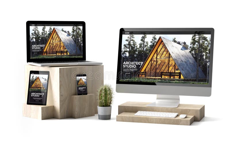 wooden cubes devices isolated architect responsive website stock illustration wooden cubes devices isolated architect responsive website stock illustration