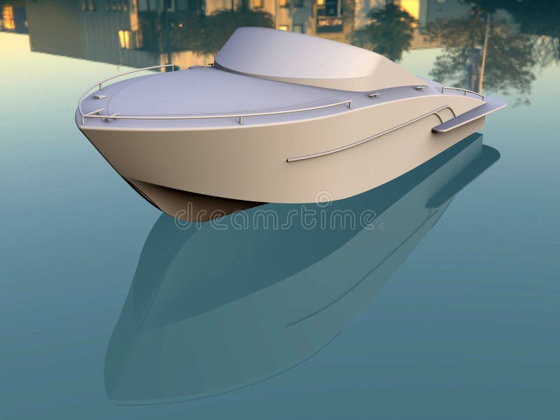 3D-Rendering - kleine Yacht, die in der Nähe von Gebäuden reflektiert wird lizenzfreie abbildung 3D-Rendering - kleine Yacht, die in der Nähe von Gebäuden reflektiert wird lizenzfreie abbildung
