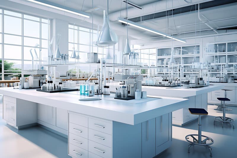 3d rendering laboratory glassware and test tubes in modern white lab stock illustration