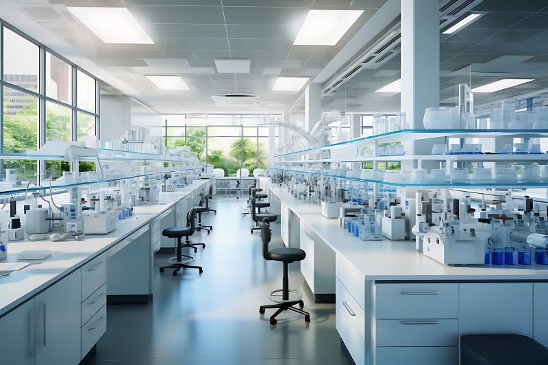 3d rendering laboratory glassware and test tubes in modern white lab stock illustration