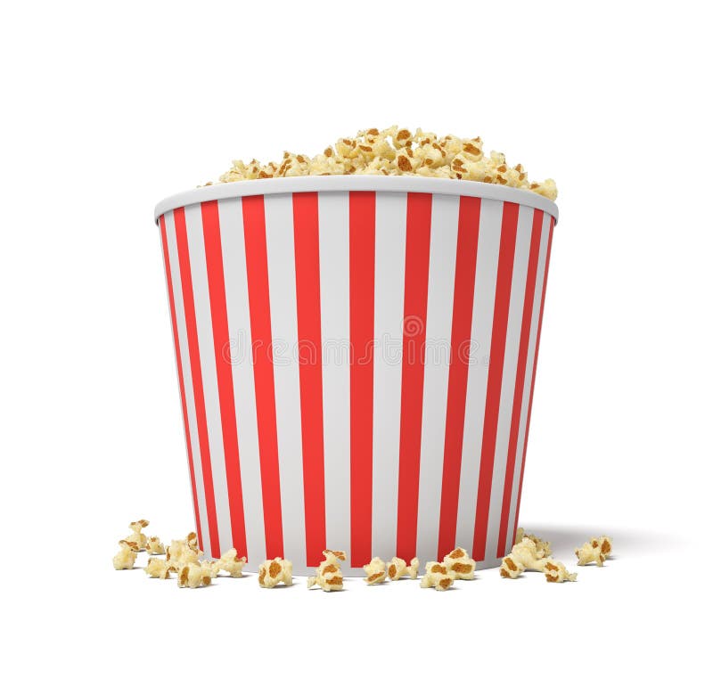 3d rendering of a large red and white bucket full of popcorn falling out of it on a white background. royalty free stock image 3d rendering of a large red and white bucket full of popcorn falling out of it on a white background. royalty free stock image