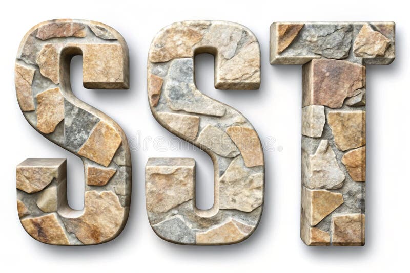 Set of rocky letters S, T. Font of stone on white background. 3d rendering vector illustration