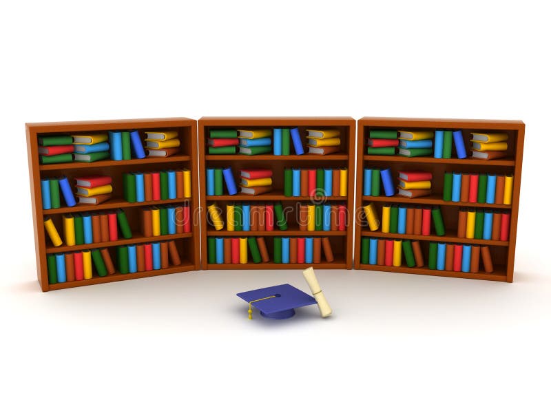 3D Rendering of library and graduation hat with diploma vector illustration
