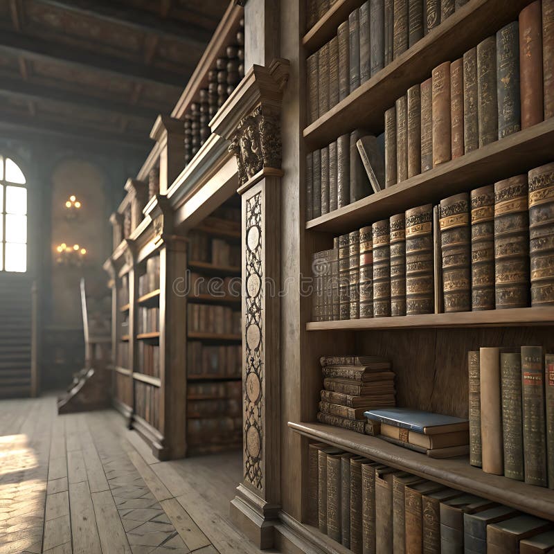 3d rendering library old books on shelves isolated stock illustration