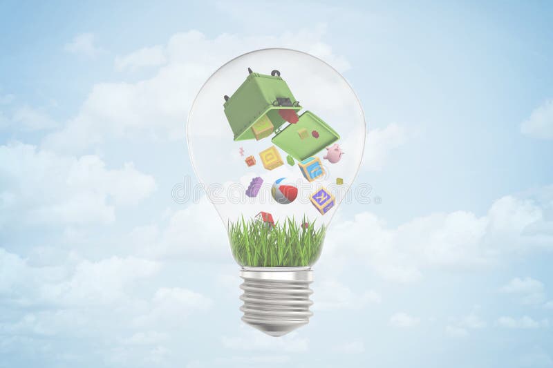 3d rendering of light bulb with trash can upside down inside, from which toys and other objects are falling down onto vector illustration