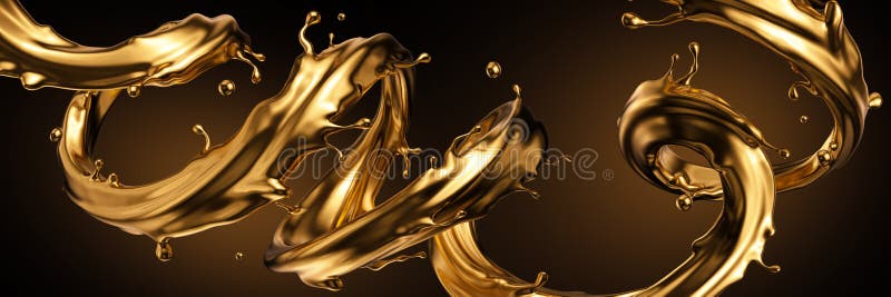 3d rendering, liquid spiral gold splash, artistic paint metallic jet, golden splashing clip art, abstract design element isolated vector illustration