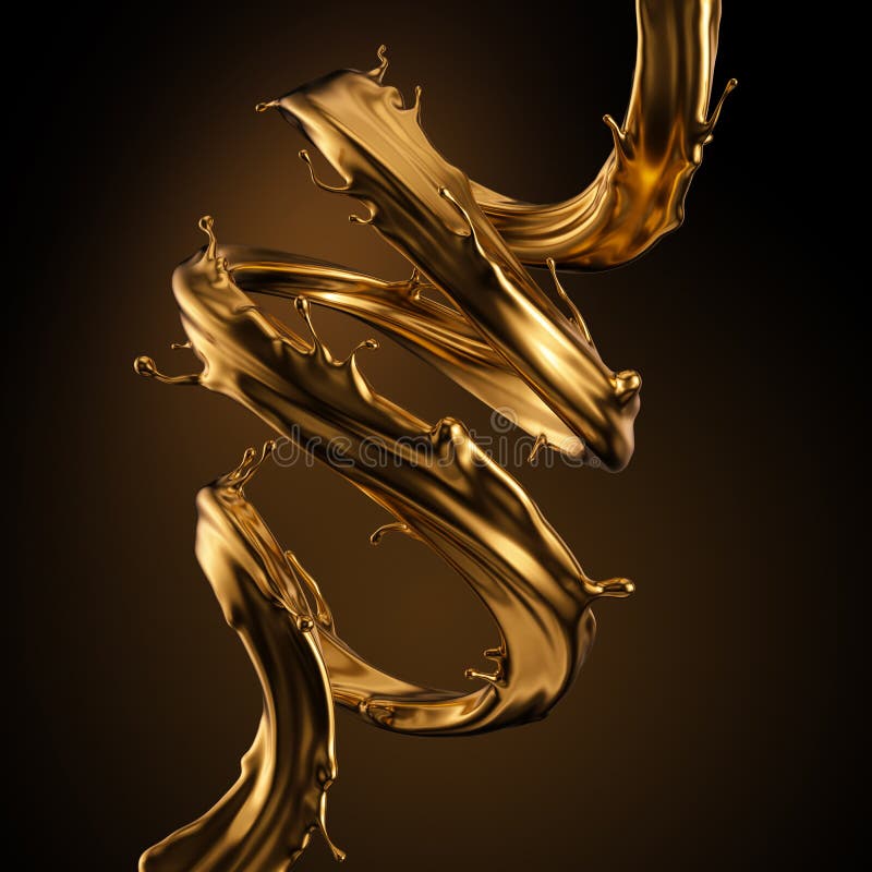 3d rendering, liquid spiral gold splash, artistic paint metallic jet, shiny wave, golden splashing clip art, abstract design stock illustration