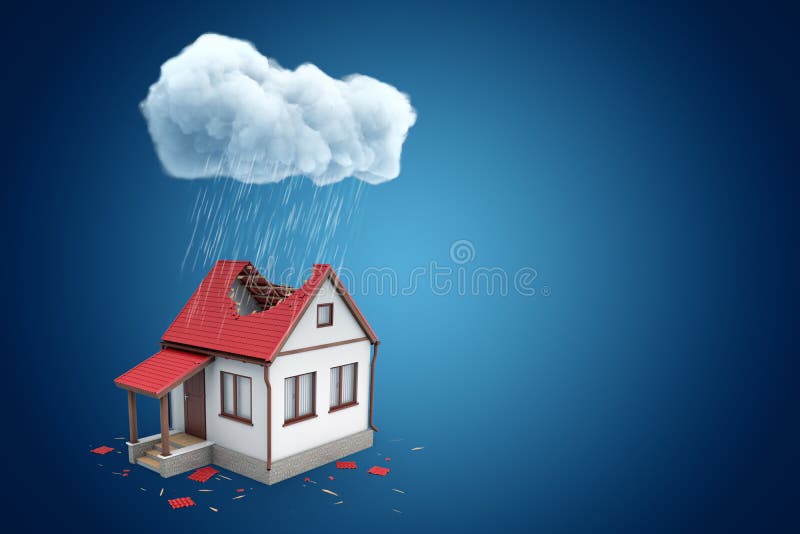 3d rendering of little detached house with big hole in roof, standing under rainy cloud, on blue background with copy