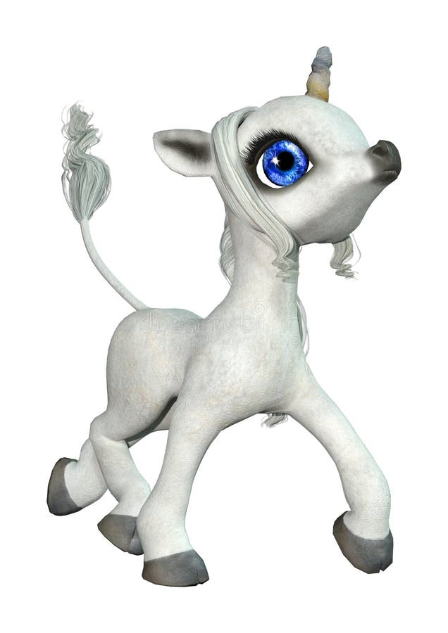 3D Rendering Fairy Tale Little White Unicorn On White Stock Illustration - Illustration of