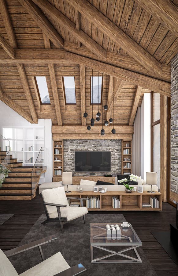 3d Rendering. Living Room with Cast Iron Fireplace in Modern Loft ...