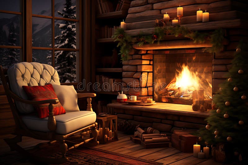 3d rendering of a living room with fireplace and christmas tree royalty free illustration