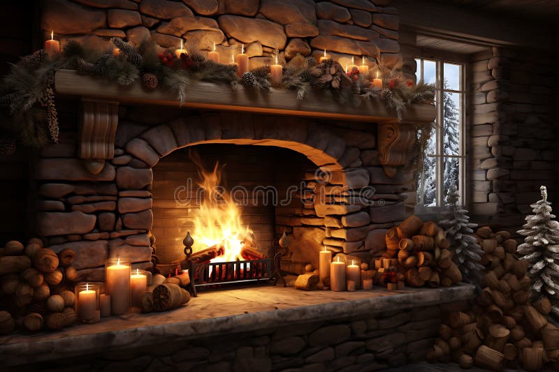 3d rendering of a living room with fireplace and christmas tree vector illustration