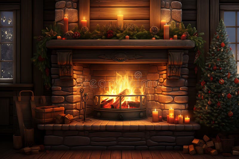 3d rendering of a living room with fireplace and christmas tree royalty free illustration