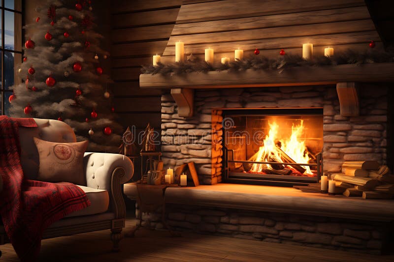 3d rendering of a living room with fireplace and christmas tree royalty free illustration