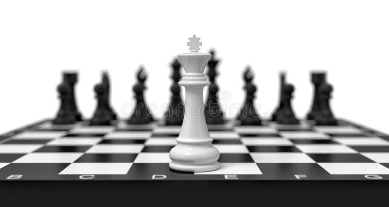 3d rendering of a lone white chess king stands on a chess board with black figures looming in the blurred background. royalty free illustration 3d rendering of a lone white chess king stands on a chess board with black figures looming in the blurred background. royalty free illustration