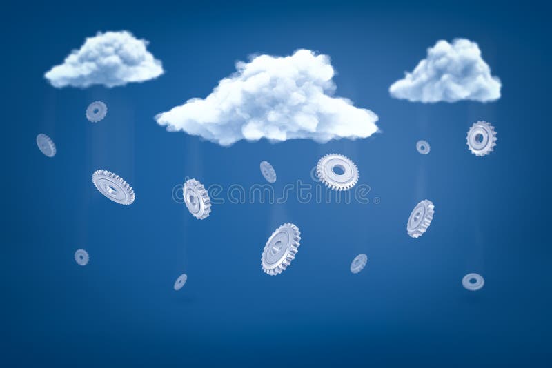 3d rendering of a lot of grey cogwheels falling down from three white clouds on blue background. royalty free illustration 3d rendering of a lot of grey cogwheels falling down from three white clouds on blue background. royalty free illustration