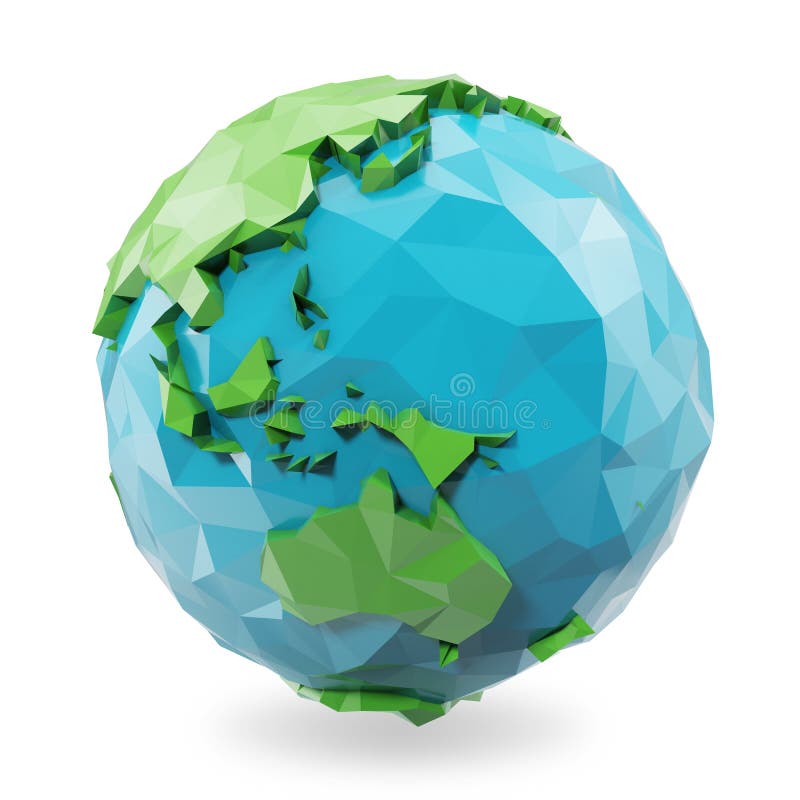 3D Rendering low poly earth globe illustration. Polygonal globe icon, low poly style stock illustration