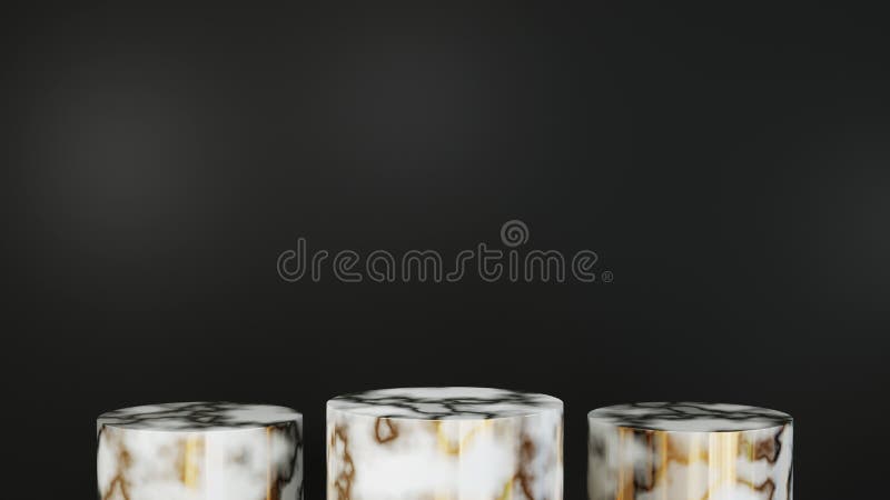 3D rendering of Marble podium for displaying three products on a black screen background. Mockup for show product royalty free illustration