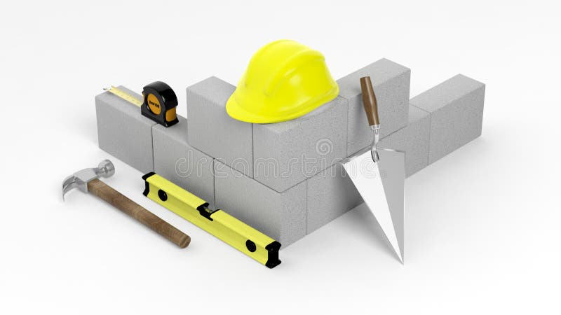 3D rendering of masonry tools and bricks