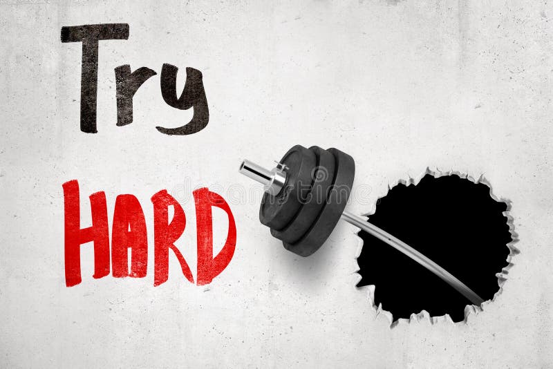 3d rendering of metal training bar-bell breaking white wall with `Try hard` sign on white background