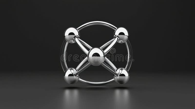 A 3D rendering of a metallic molecule with a central atom and eight orbiting atoms. royalty free illustration