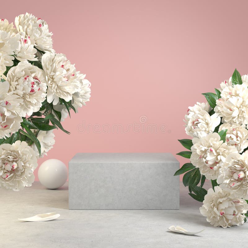 3d Rendering Minimal Empty Podium Display Shelves Cement Concrete With Bouquet Floral Flower White Backgrounds Illustration stock illustration