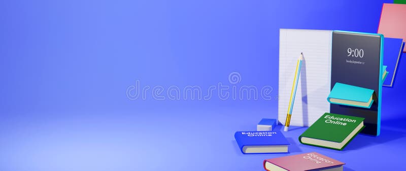 3D Rendering of mobile and colorful books  pencil on blue background. The future of Internet learning. Online teacher. Online