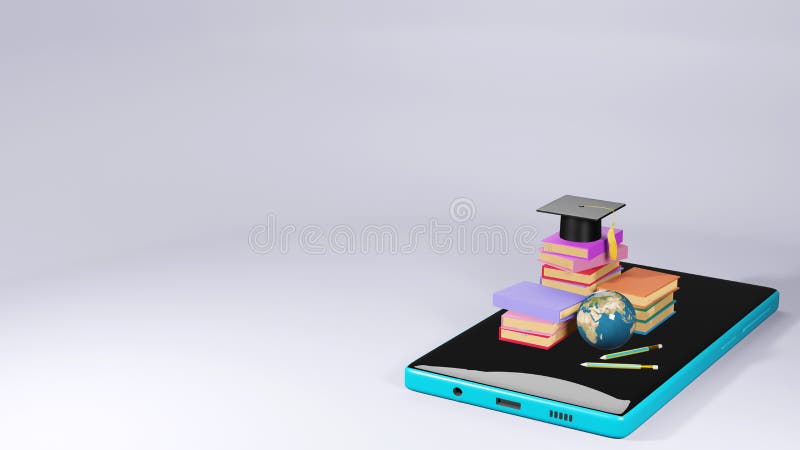 3D Rendering of Mobile phone Graduation cap and books isolated white background and have space for text input area. Education vector illustration