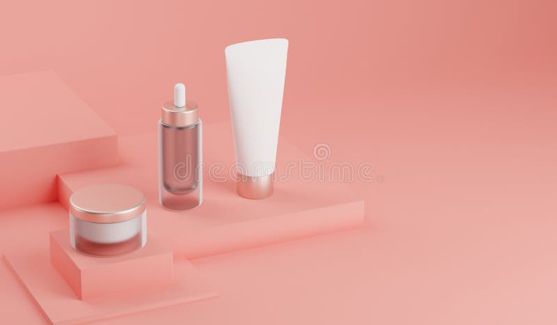 3d rendering mock up cosmetic bundle for skin care. White plastic bottles and tubes pink caps on bright pink backdrop. Branding stock illustration