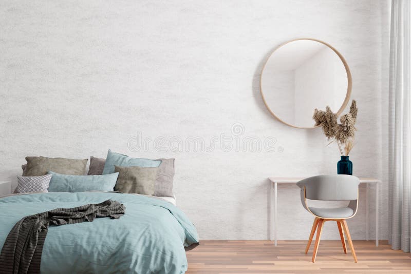 A 3d Rendering of a Modern Bedroom Near a Table and a Chair Stock Illustration Illustration of