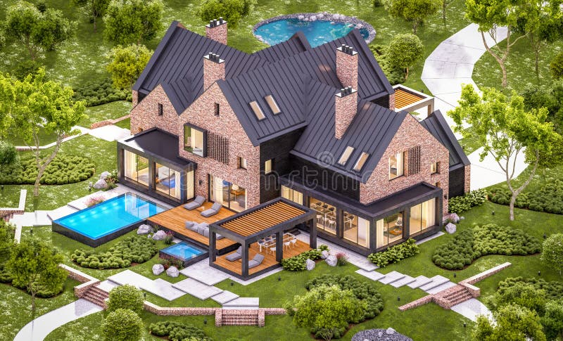 3d rendering of modern clinker house on the ponds with pool in evening. 3d rendering of modern cozy clinker house on the ponds with garage and pool for sale or stock photo 3d rendering of modern clinker house on the ponds with pool in evening. 3d rendering of modern cozy clinker house on the ponds with garage and pool for sale or stock photo