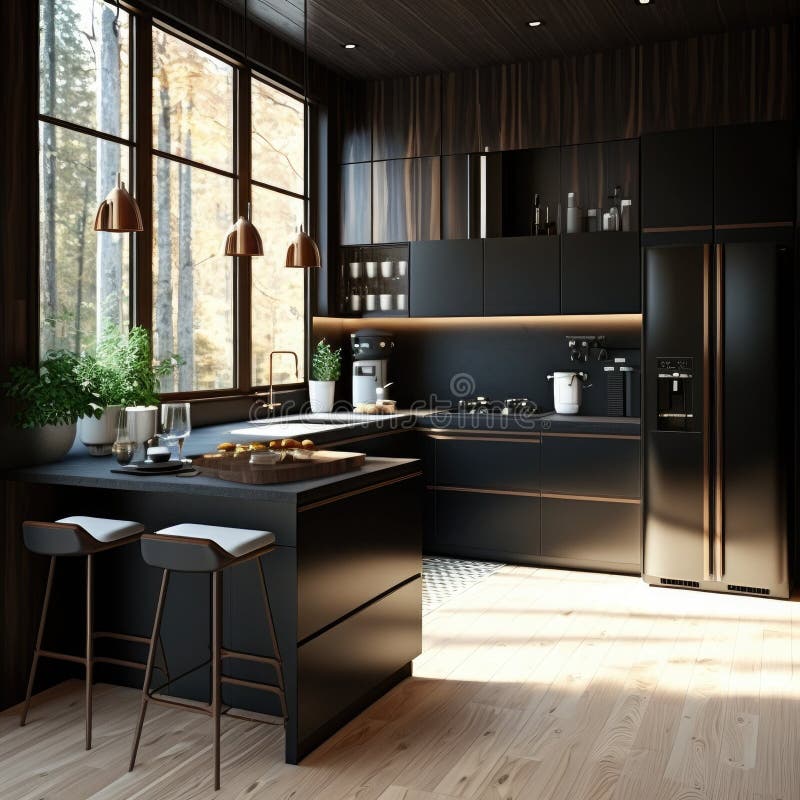3d Rendering Modern Dark Wood Kitchen Generative AI Stock Illustration