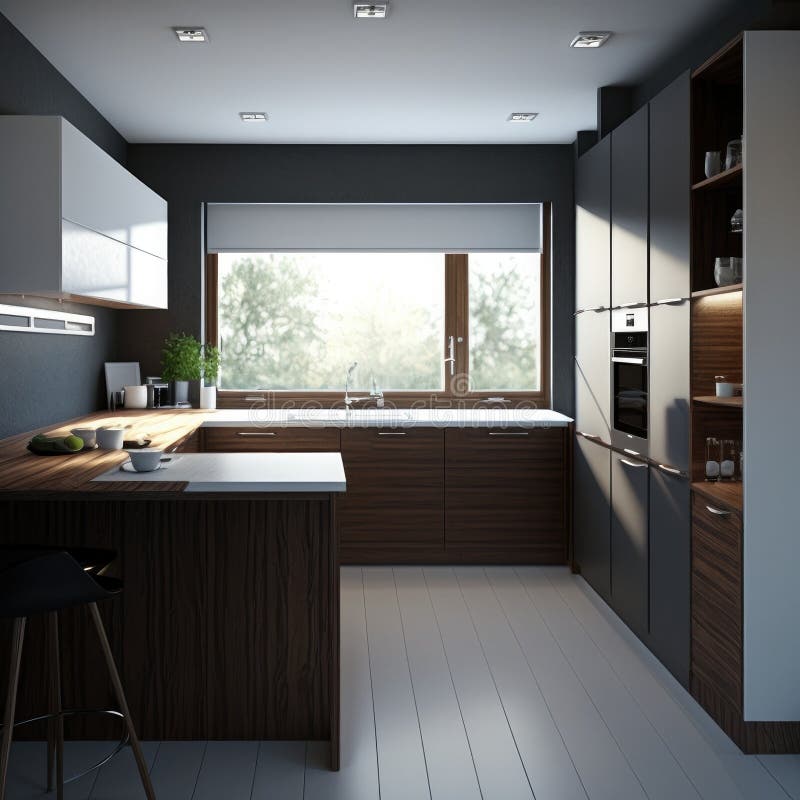 3d Rendering Modern Dark Wood Kitchen Generative AI Stock Illustration