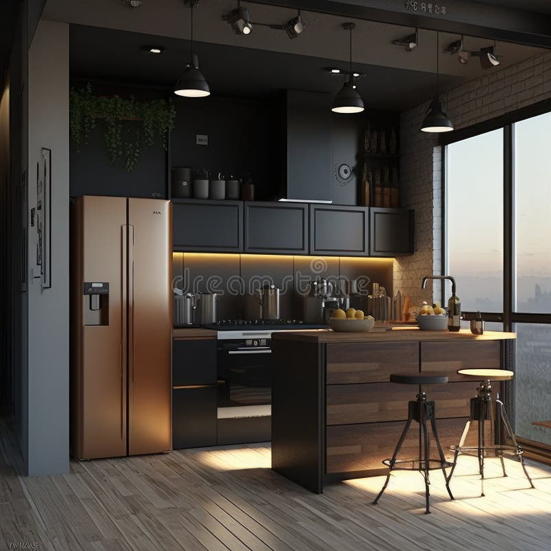 3d Rendering Modern Dark Wood Kitchen Generative AI Stock Illustration