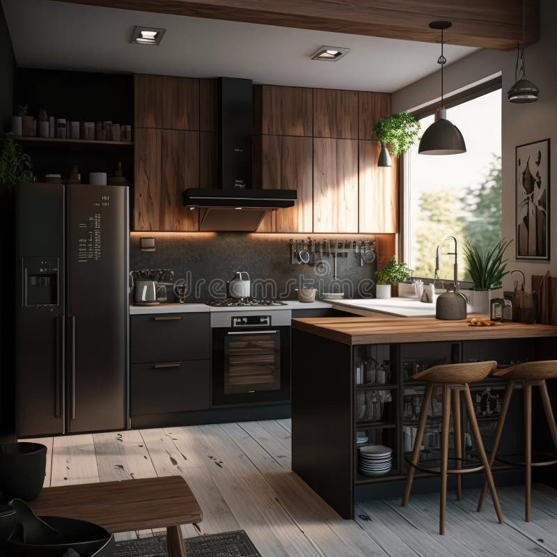 3d Rendering Modern Dark Wood Kitchen Generative AI Stock Illustration