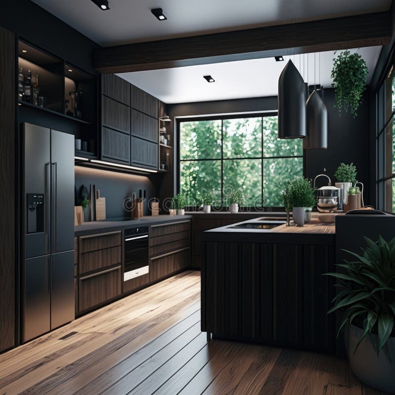 3d Rendering Modern Dark Wood Kitchen Generative AI Stock Illustration