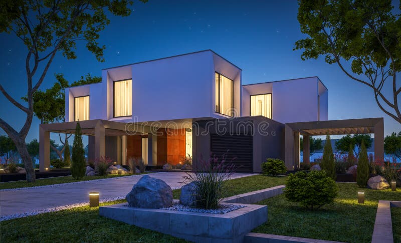 3d rendering of modern house in the garden at night stock image 3d rendering of modern house in the garden at night stock image