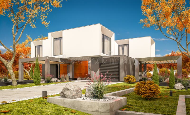3d rendering of modern house in the garden сlear sunny autumn day. 3d rendering of modern cozy house in the garden with garage for sale or rent with beautiful royalty free illustration 3d rendering of modern house in the garden сlear sunny autumn day. 3d rendering of modern cozy house in the garden with garage for sale or rent with beautiful royalty free illustration