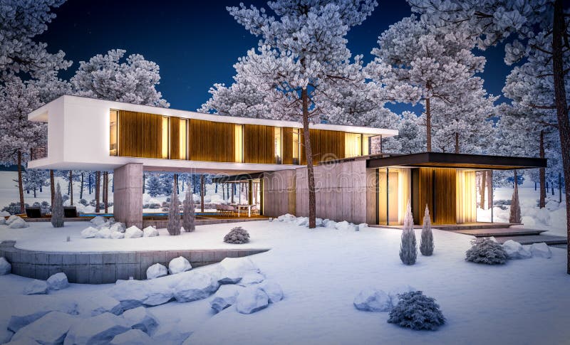 3d Rendering of Modern House on the Hill with Many Snow in Winter Night ...