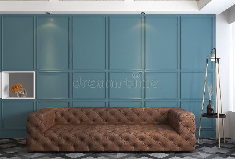 3d Rendering of Modern Interior with Brown Leather Sofa and Blue Wall