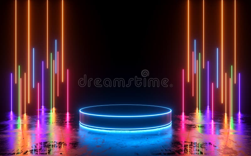3d Rendering Modern Minimal Empty Display Shelves Podium Cyber Sci Fi Neon Color Light Abstract Illustration Background stock illustration