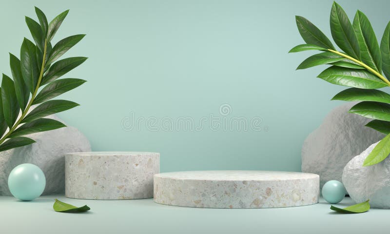 3d Rendering Modern Minimal Empty Display Stand Podium With Tropic Concept Plant and Rock On Mint Backgrounds Illustration stock illustration