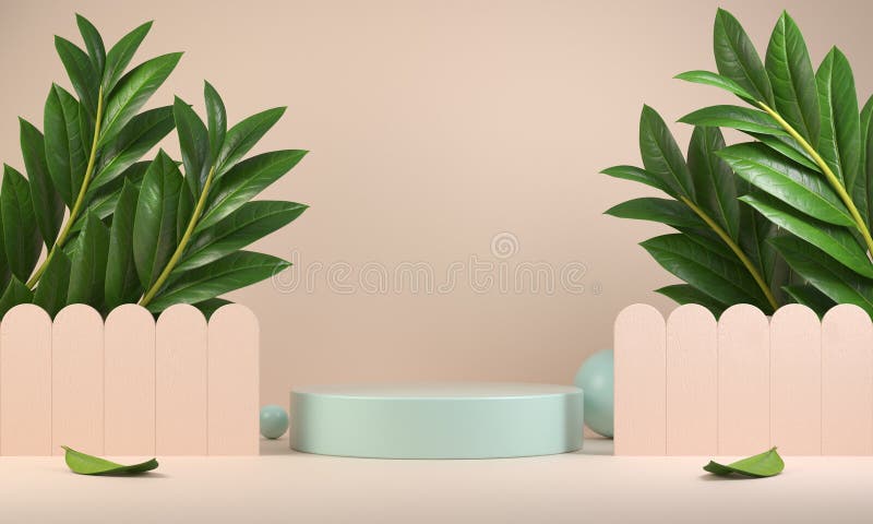 3d Rendering Modern Minimal Empty Podium Display Pastel With Wood Fence Tropic Plants On Beige Backgrounds Abstract Illustration vector illustration