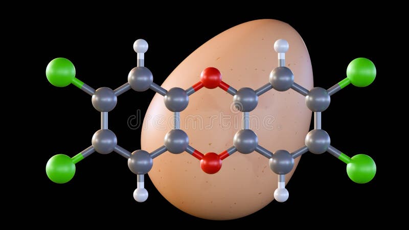 A 3D rendering of molecular model of dioxin and egg. royalty free illustration