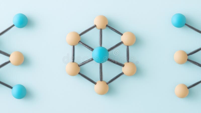 A 3D rendering of a molecular structure with blue and beige spheres connected by black lines. royalty free illustration