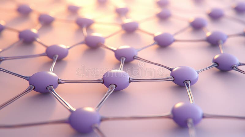 A 3D rendering of a molecular structure, composed of interconnected purple spheres and thin silver wires. vector illustration