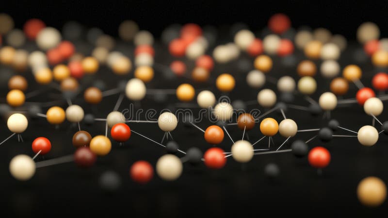 A 3D rendering of a molecular structure, composed of spheres connected by lines, against a black background. stock illustration