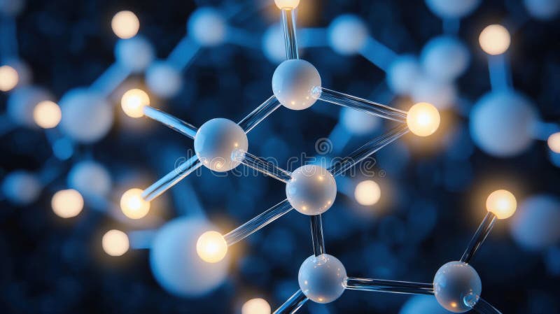 A 3D rendering of a molecular structure, composed of spheres and lines, illuminated from within. stock illustration