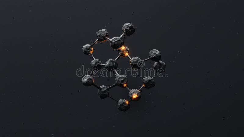 A 3D rendering of a molecular structure with glowing orange atoms. stock illustration